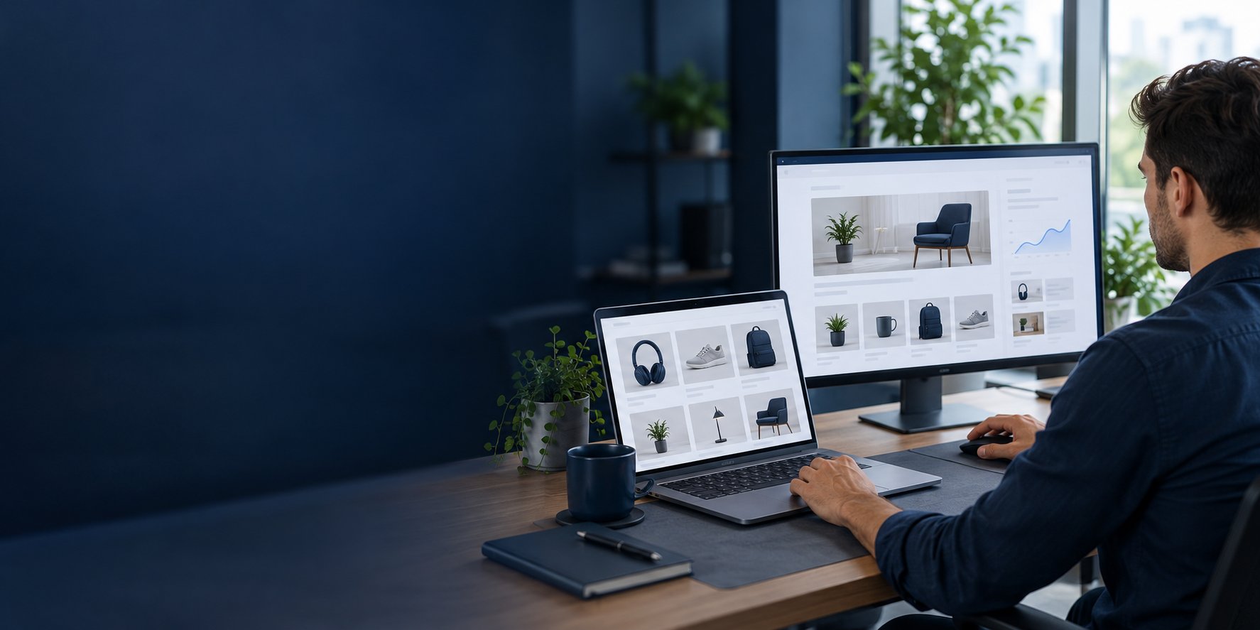 Ilustrativni prikaz izrade web sajta, internet prodavnice i pregleda marketinških podataka.