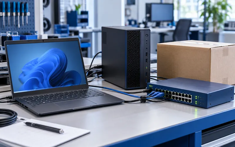 Poslovni laptop, serverska i mrežna oprema pripremljeni za isporuku i postavljanje.