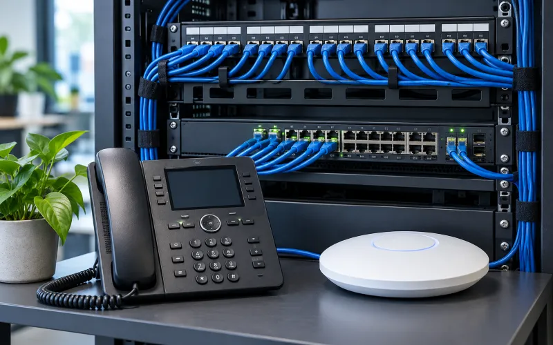 Uredna mrežna instalacija sa priključnim panelom, svičem, IP telefonom i Wi-Fi pristupnom tačkom.