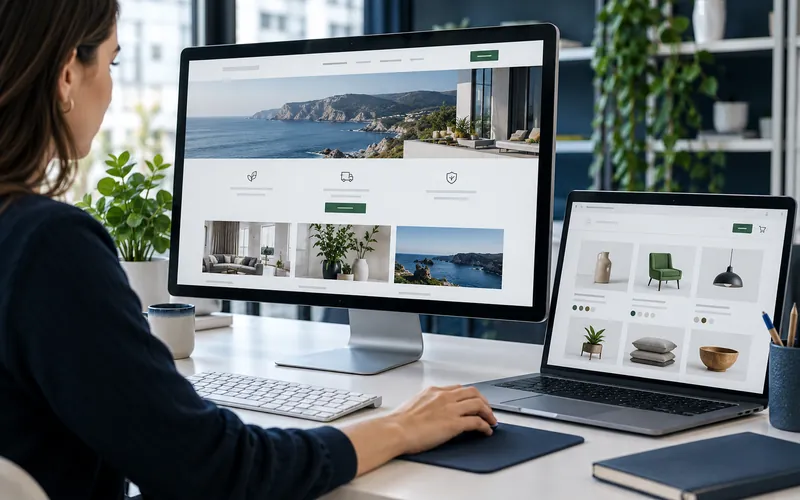 Poslovni web sajt i internet prodavnica prikazani na računaru i laptopu.